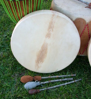 Native American style hoop drum skinned with elk skin.