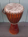 A new goat skin drum head and rope on a djembe.